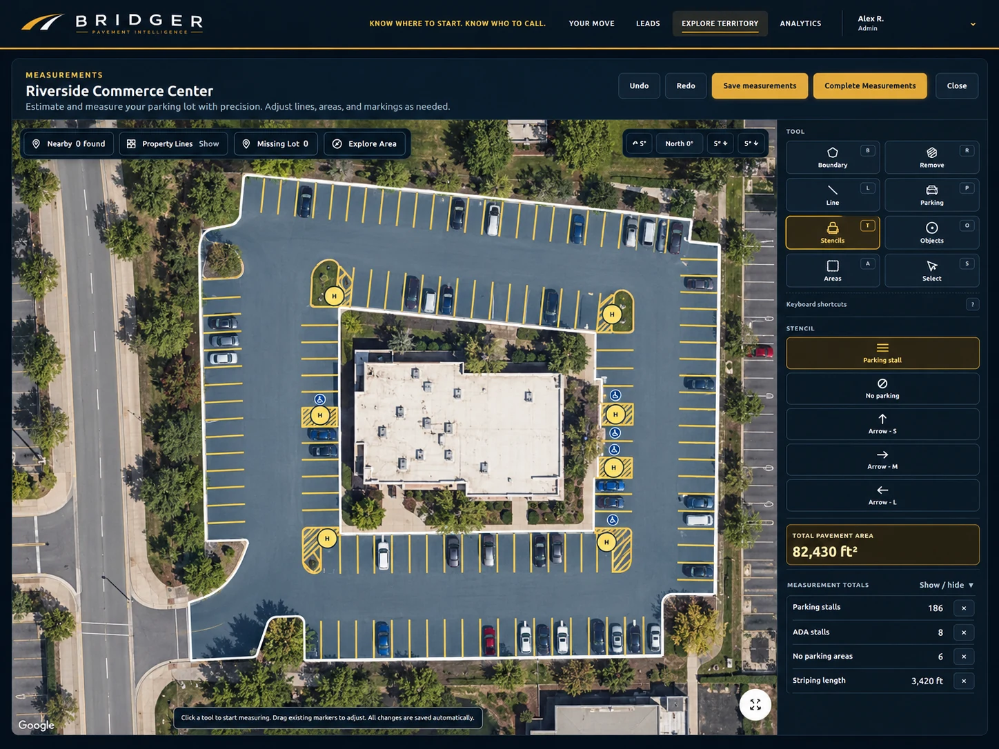Generic Bridger parking-lot estimator with pavement and striping measurements