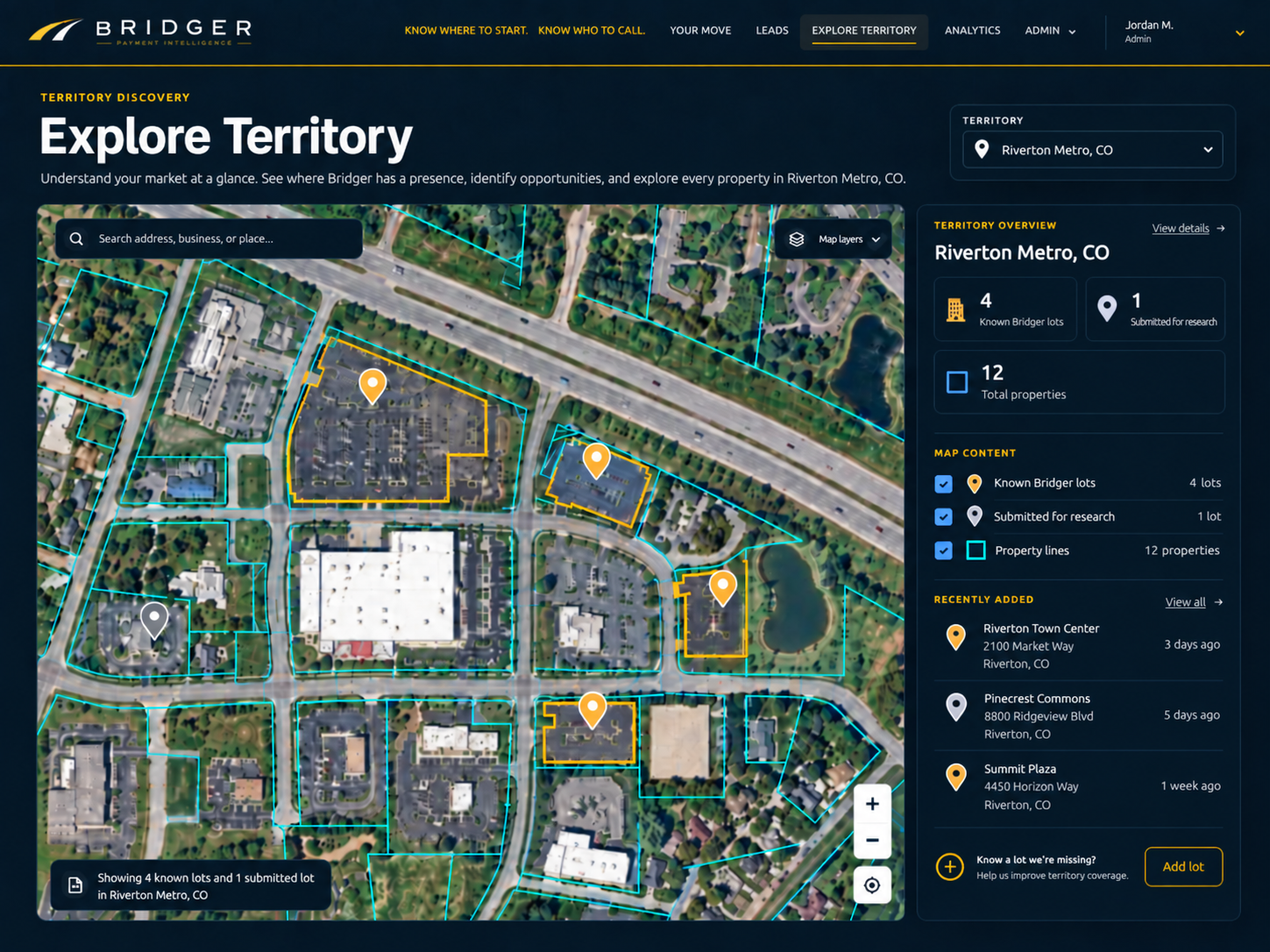 Generic Bridger Explore Territory screen with parking-lot pins, territory metrics, and property boundaries