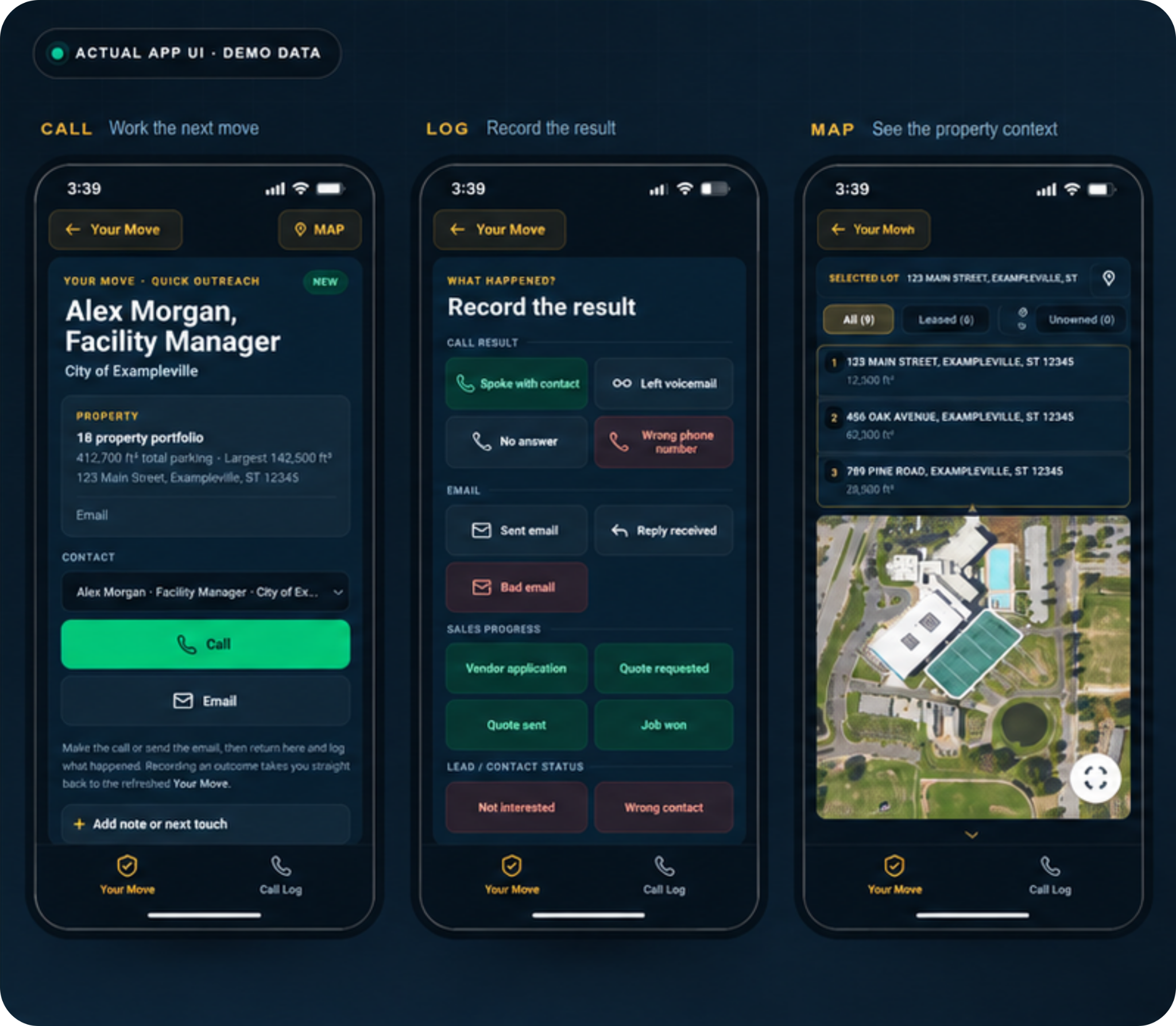 Three equally spaced Bridger mobile app screens showing Your Move, call logging, and property map context with generic demo data