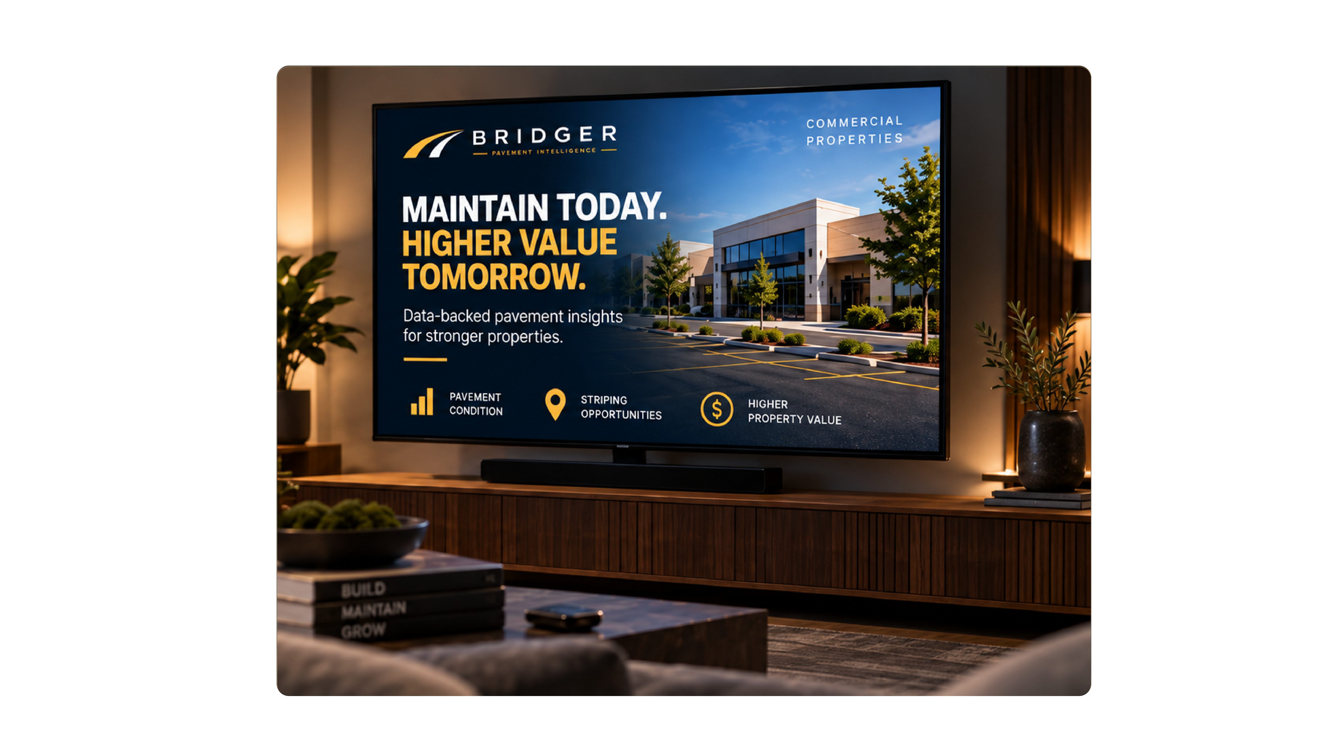 Bridger Digital Reach visual showing a large TV ad for commercial pavement maintenance using generic demo data