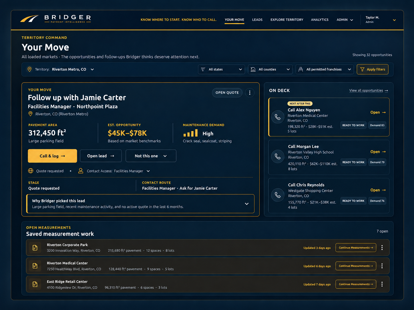 Generic Bridger Your Move dashboard showing a recommended sales action and open measurement work in Riverton Metro, CO